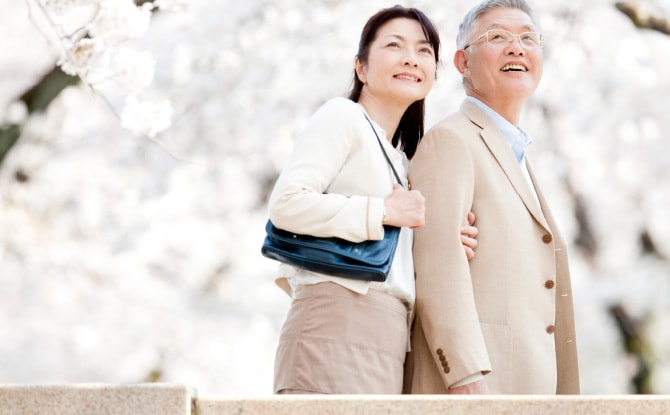年配の男性と女性が桜の花を見ながら歩いている様子